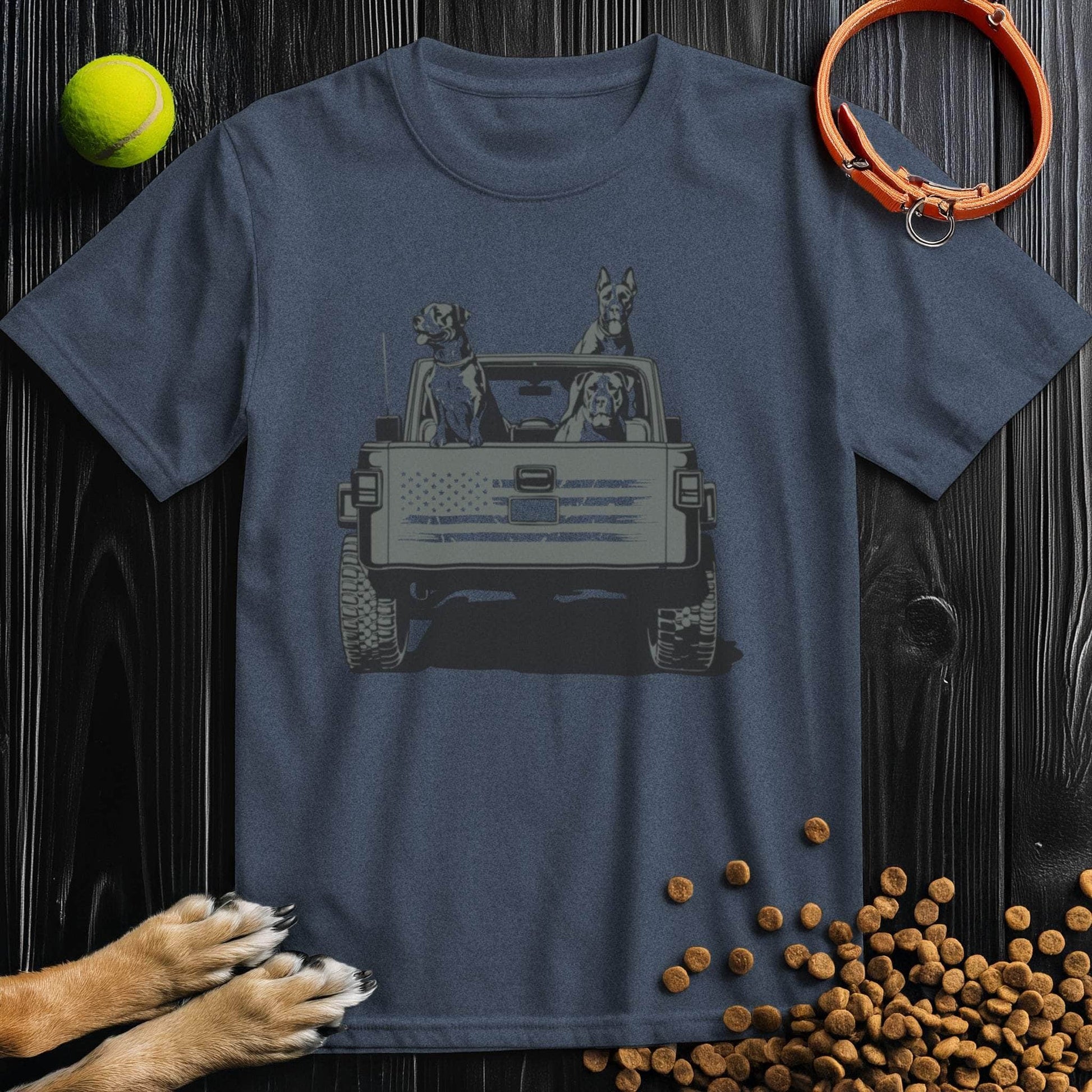 Navy Freedom Ride Dog T-Shirt with jeep and dog graphic, perfect for casual wear. Crafted from soft, ethical cotton material.