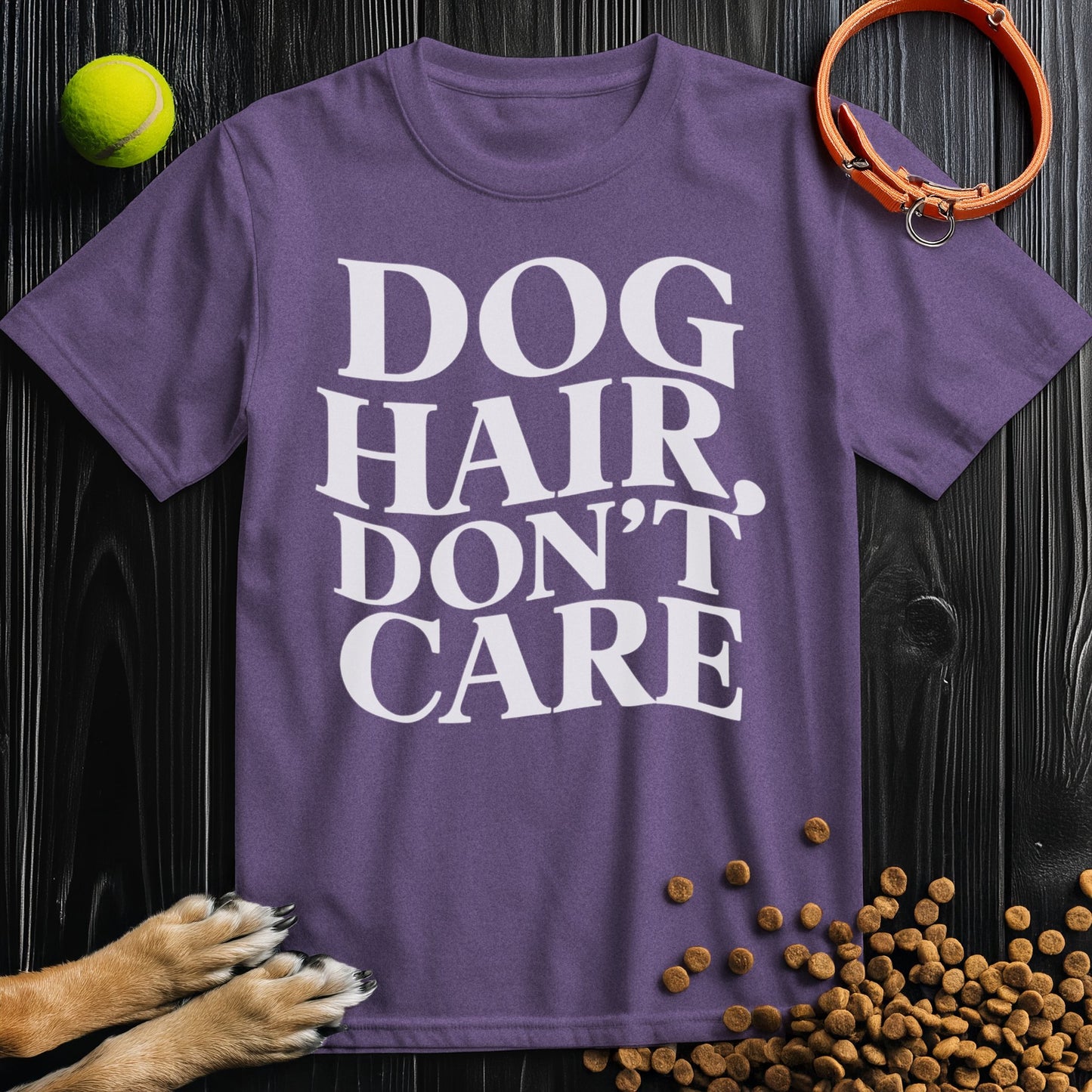 Dog Hair, Don't Care Wavy White Text T-Shirt