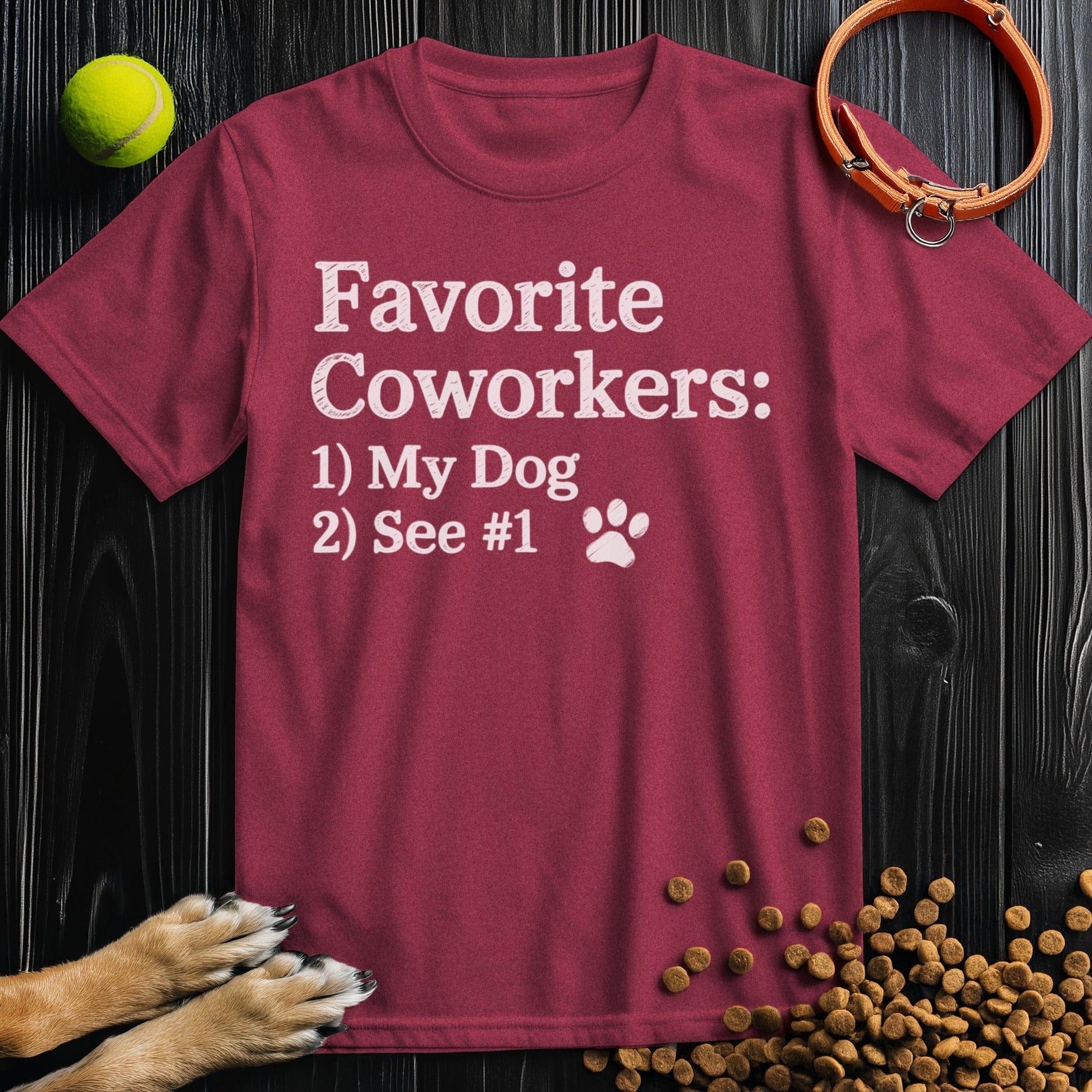 Front view of ‘Favorite Coworkers: My Dog’ dog shirt in heather cardinal