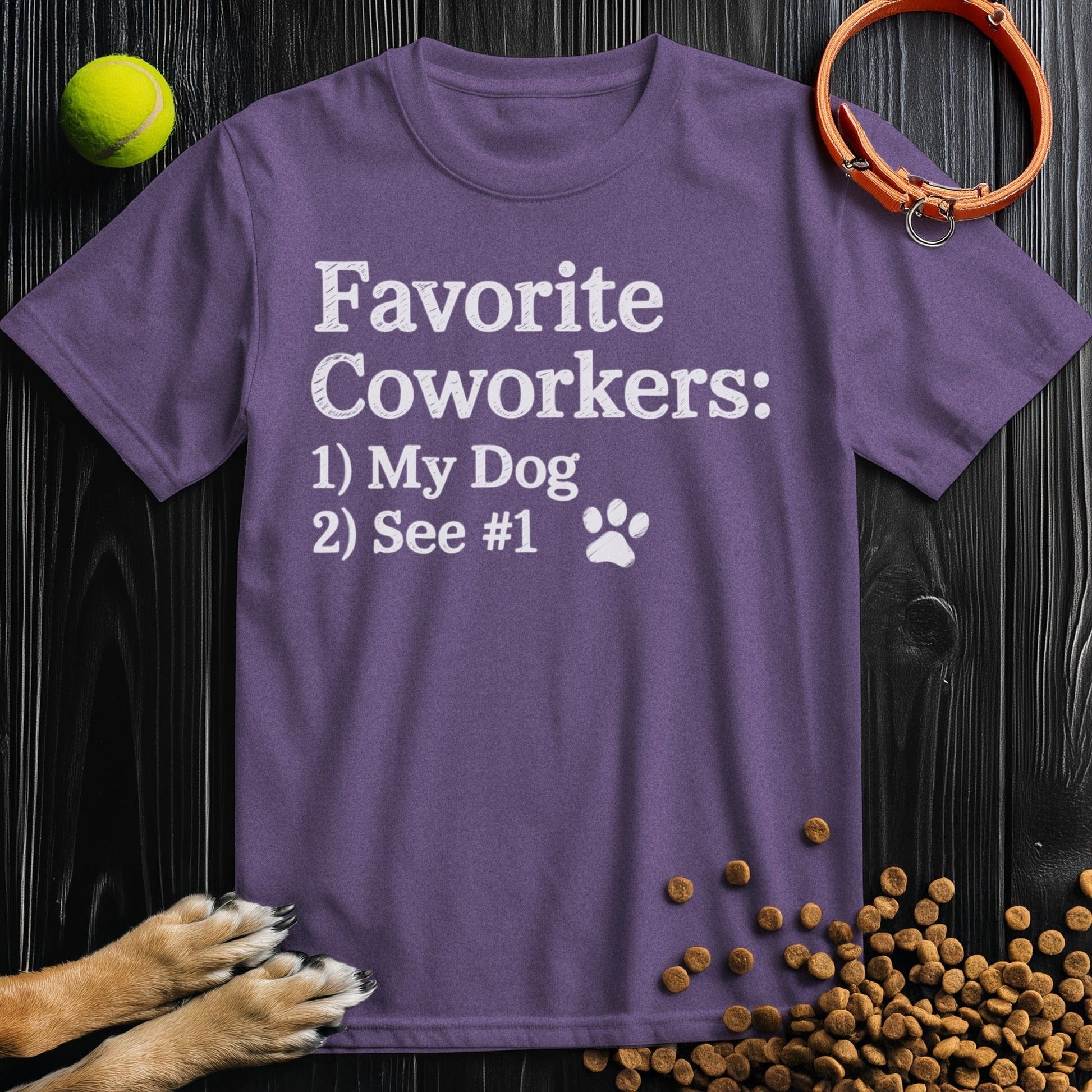 Front view of ‘Favorite Coworkers: My Dog’ dog shirt in heather purple