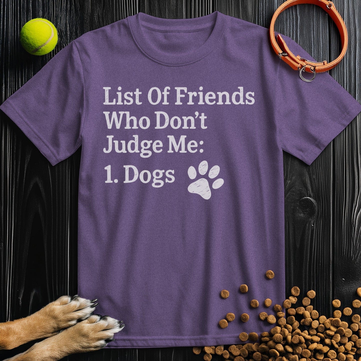 Front view of ‘List of Friends Who Don’t Judge Me: Dogs’ dog tee in heather purple