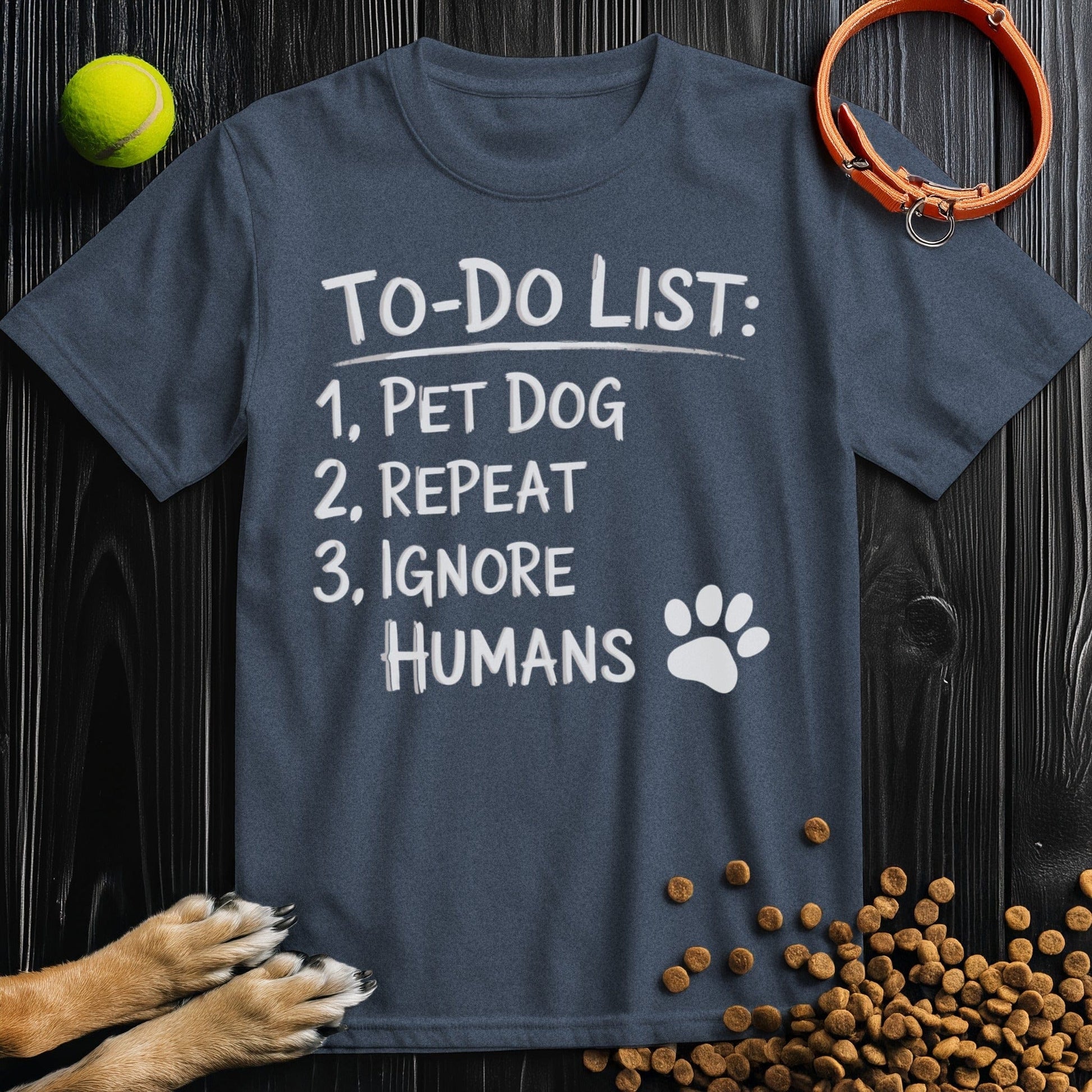 Front view of ‘To-Do List: Pet Dog & Repeat’ dog tee in heather navy