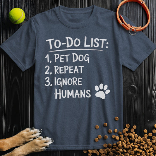 Front view of ‘To-Do List: Pet Dog & Repeat’ dog tee in heather navy