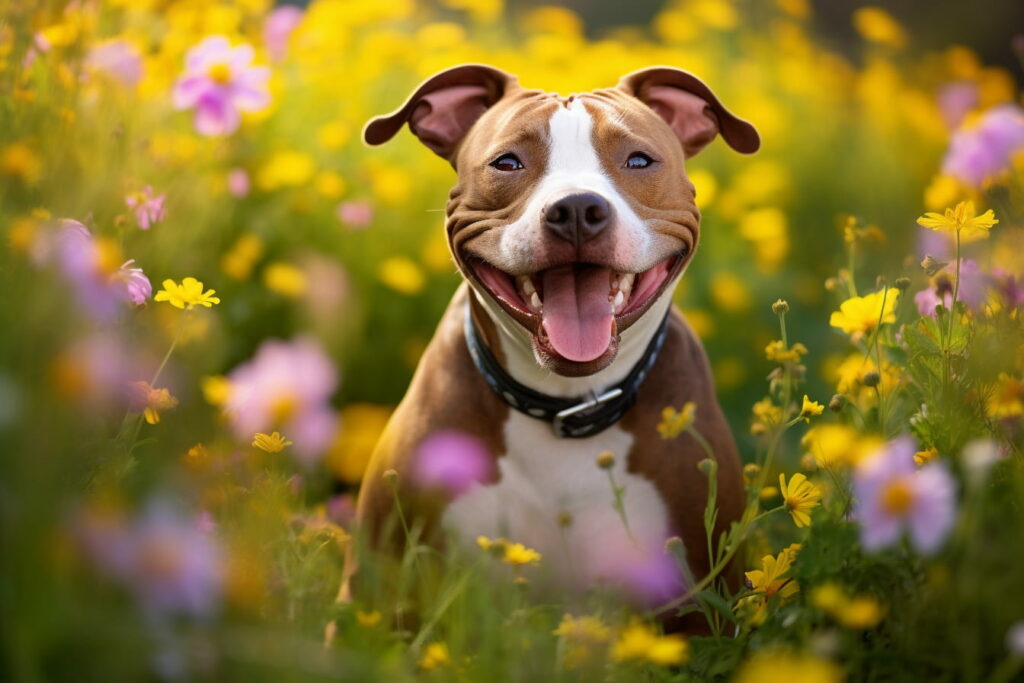 pitbull smiling in a field of flowers