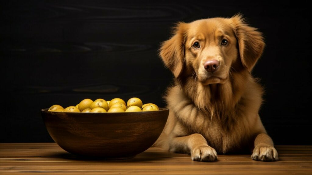 Longan fruit in a bowl next to a dog