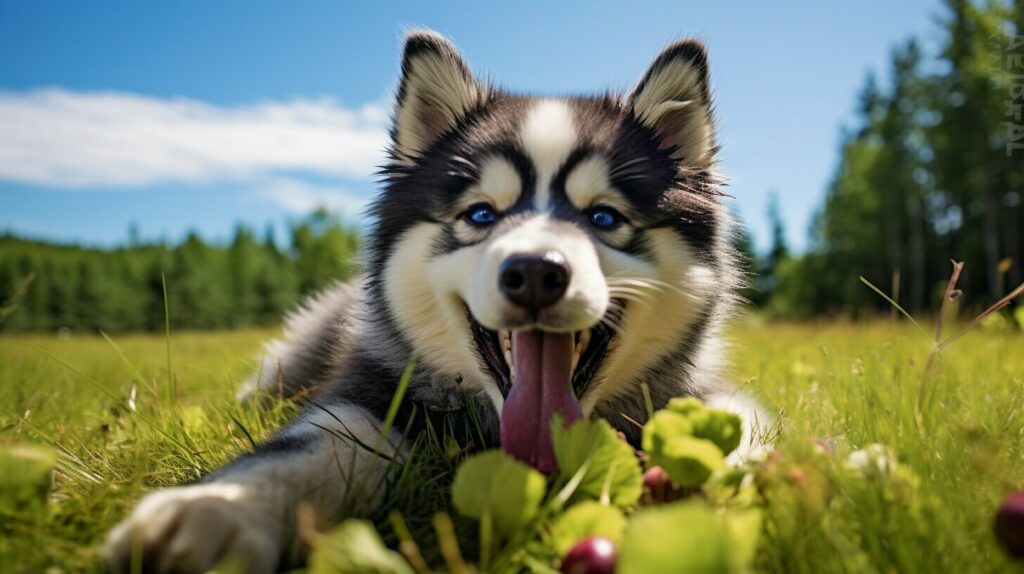 dog eating blueberries