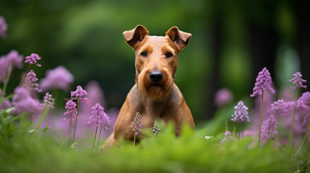 welsh terrier in a field with purple flowers