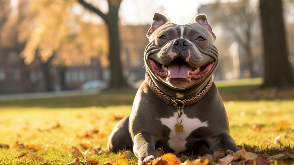 american bully laying in a park smiling