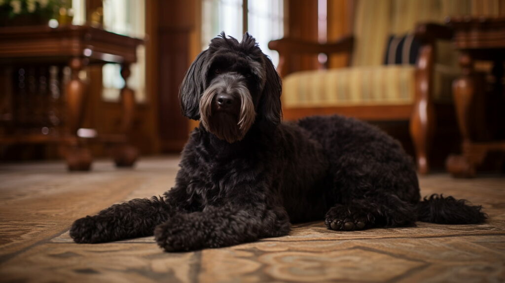 Black Russian Terrier in a house laying on the floor