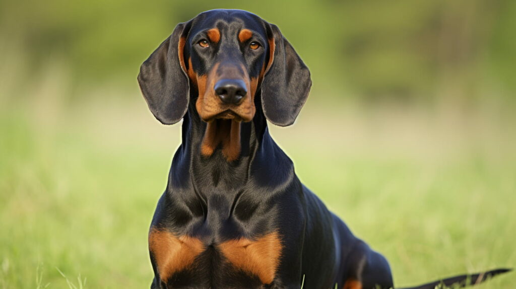 Black and Tan Coonhound in a field