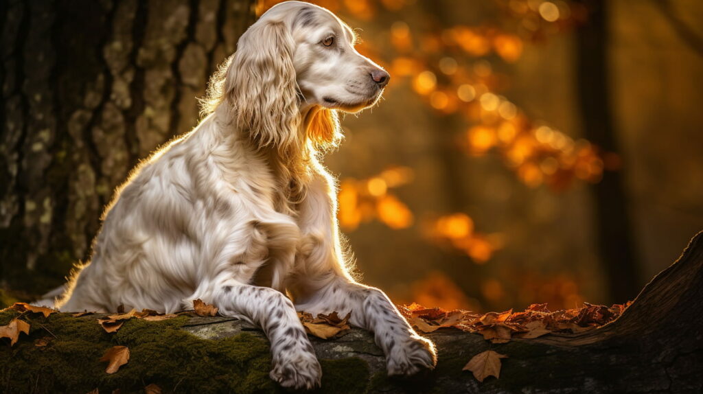 English Setter sitting on a log in the woods