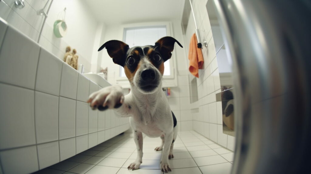 dog with paw up in the bathroom