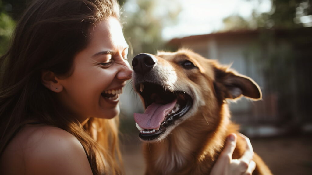 lady smiling at dog licking her