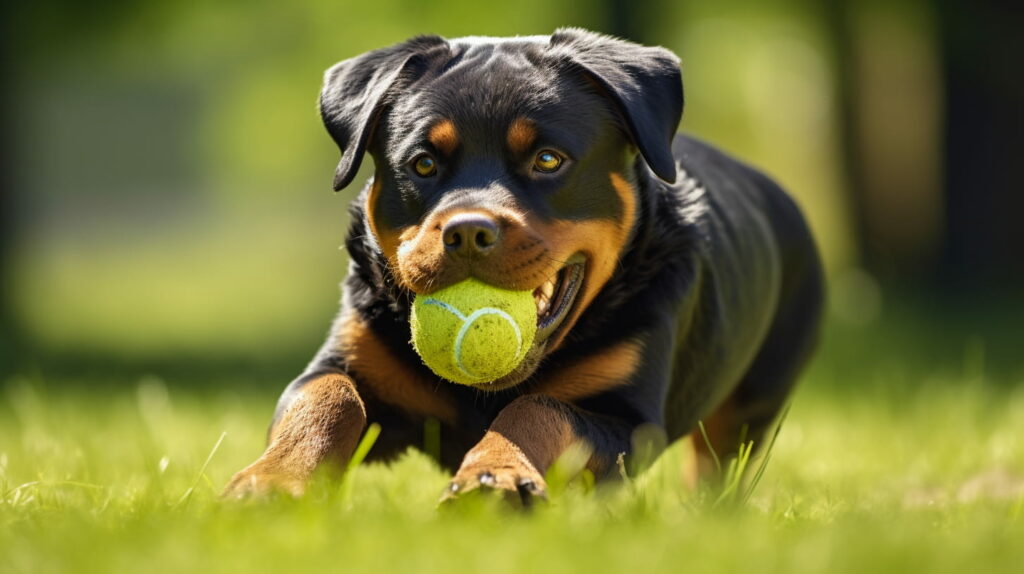 Rottweiler playing with a tennis ball