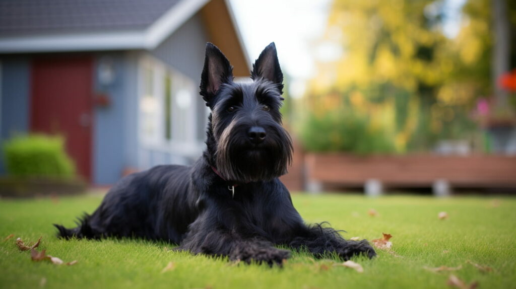 Scottish Terrier laying in the yard