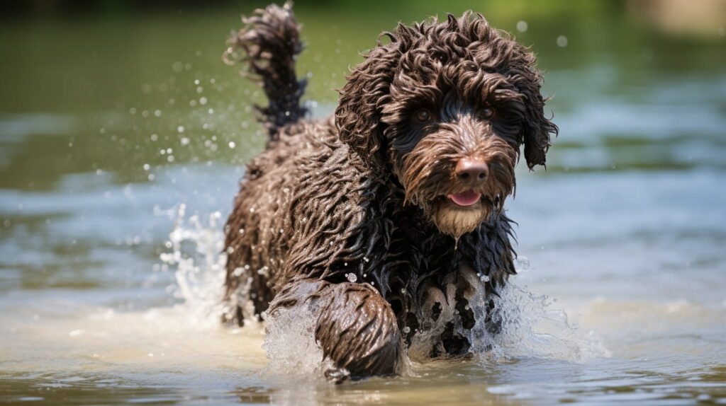Spanish Water Dog playing in the water