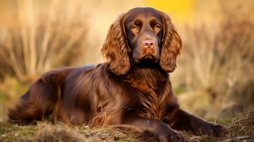 Sussex Spaniel laying in a field
