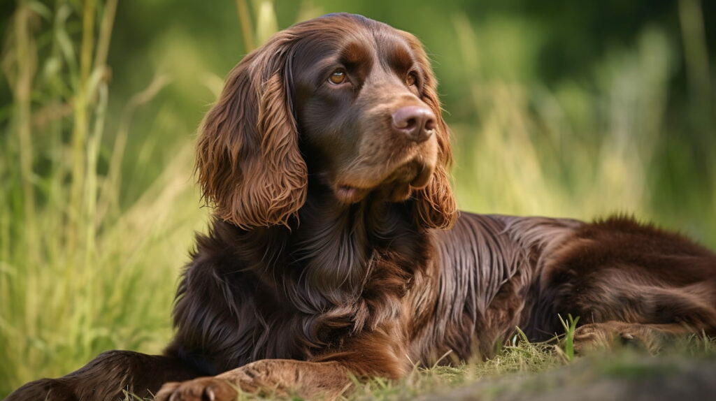 Sussex Spaniel laying in the grass