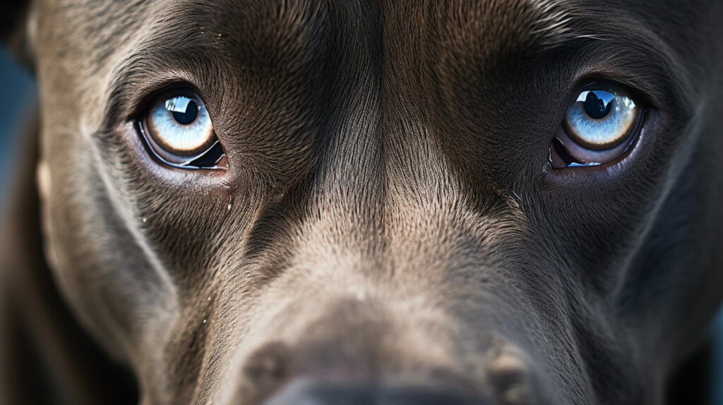 Can dogs see color? Close up of a pit bulls eyes