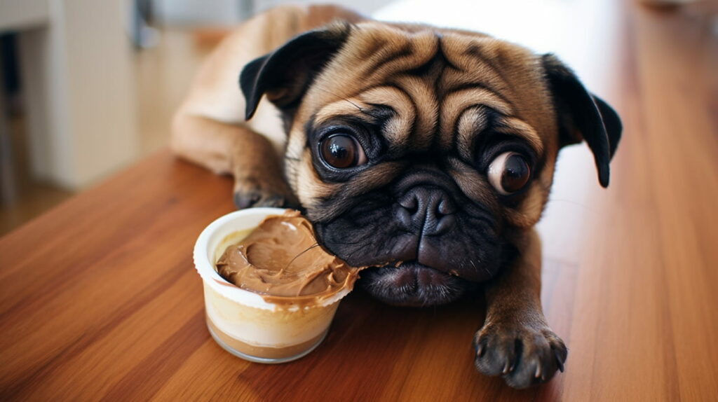pug eating peanut butter