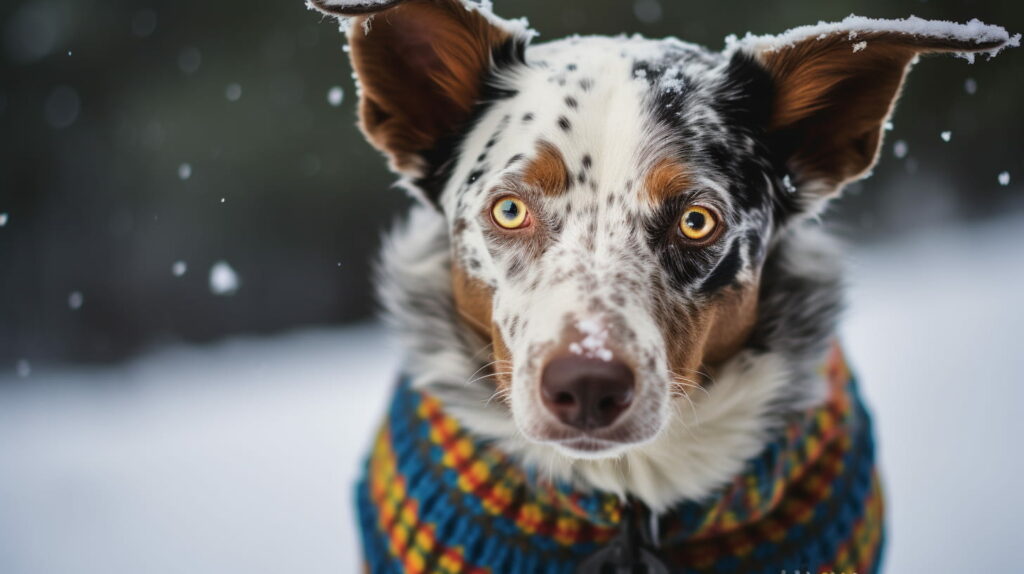 A high-definition portrait of a dog wearing a warm, colorful sweater, set against a snowy background, with the focus on its expressive eyes and facial features.