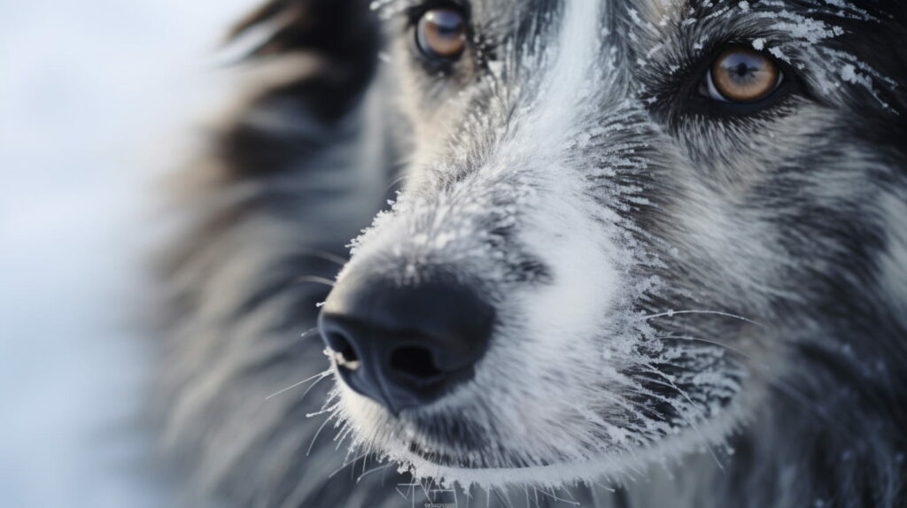 Close-up of a dog's face with frost on its fur, as seen from an eye-level perspective.